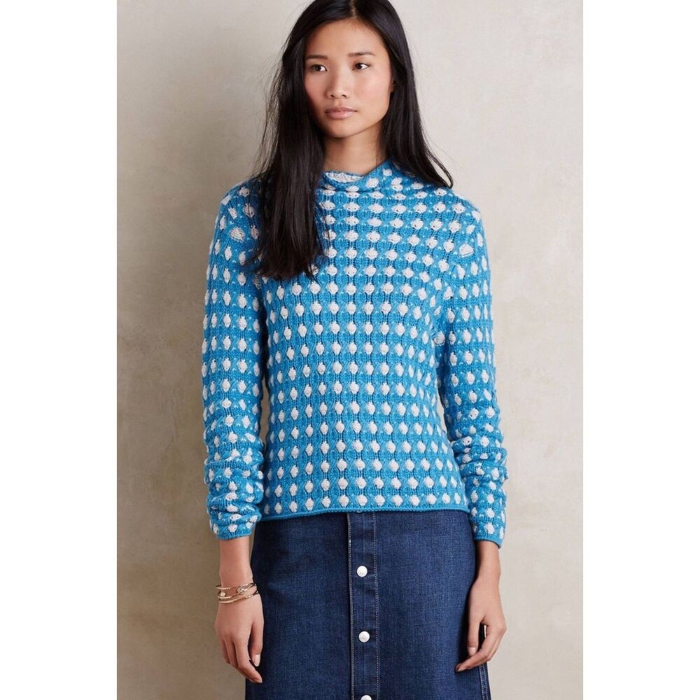Anthropologie Sleeping on Snow Popcorn Stitch Mock Neck Sweater - Blue/White L